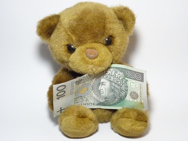 medvídek s bankovkou, polské peníze
